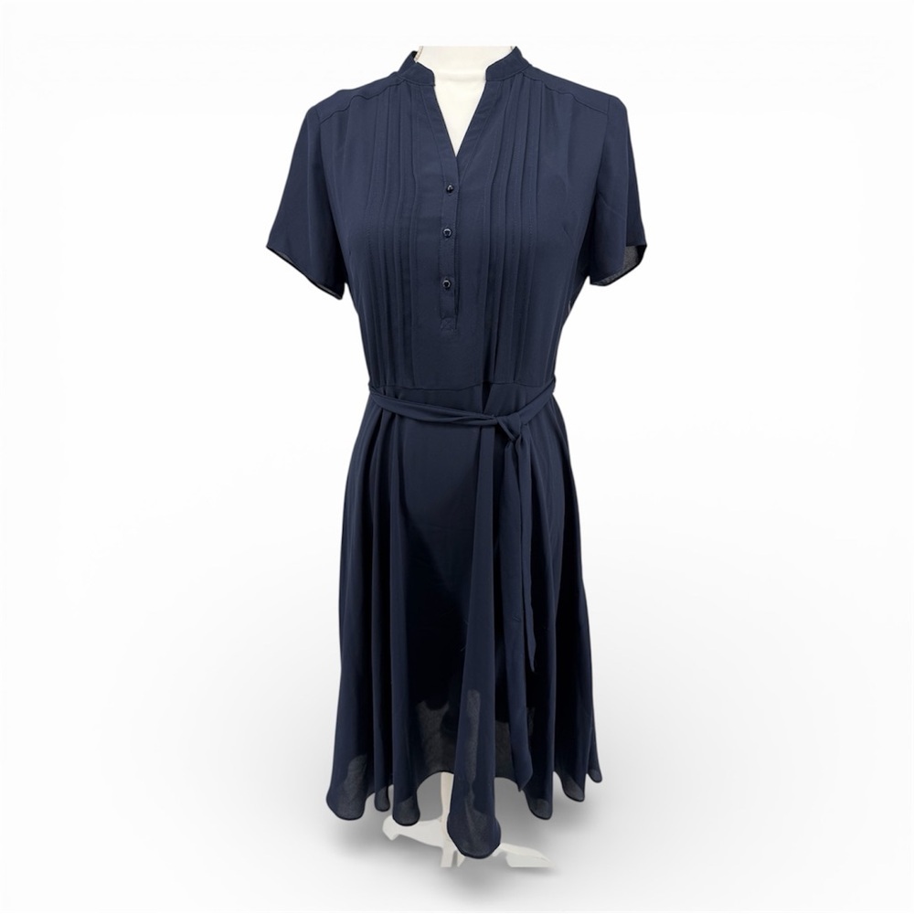 Nanette Lepore Women 4 Navy Blue Pintuck Fit & Flare Midi Dress Short Sleeve - Picture 2 of 9